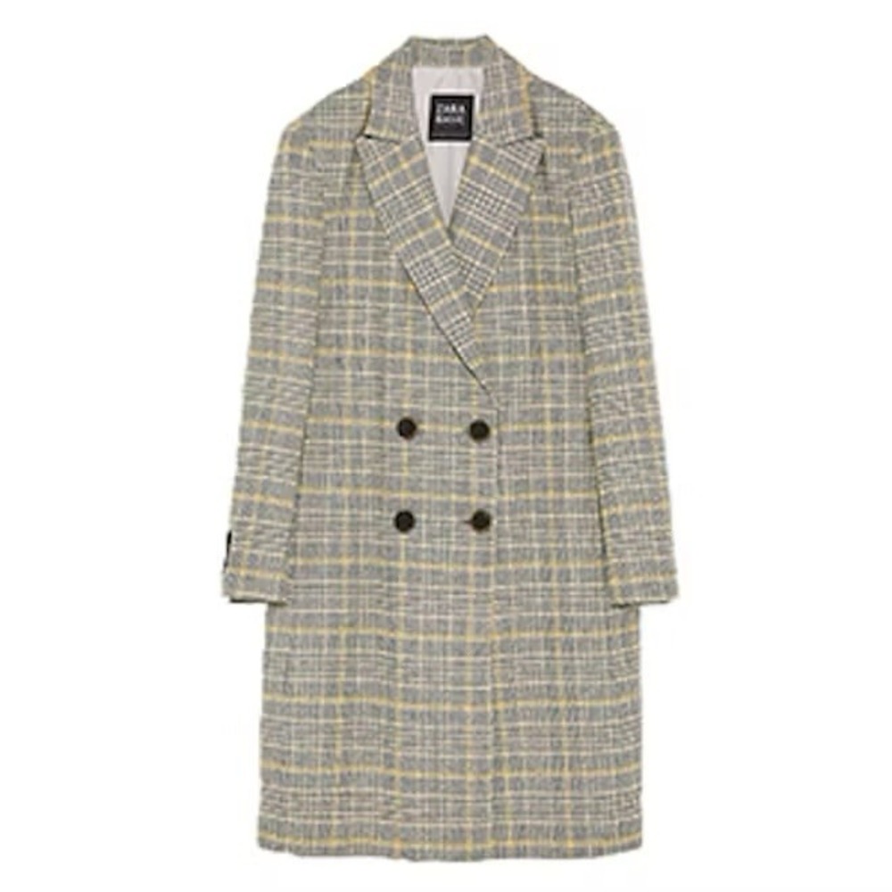 Zara Yellow grey check Checked Double Breasted Mid Length coat Size M - Picture 2 of 16